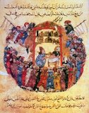In this 1240 CE illustrated page from al-Hariri’s ‘Maqama’, a roadside doctor is ‘cupping’ a patient’s back when they begin to argue over payment. A crowd gathers to watch the spectacle, at which point the doctor and the patient reveal themselves to be actors and beg for alms before vanishing.<br/><br/>

The ‘Maqama’ are a collection of picaresque Arabic tales written in the form of rhymed prose in which rhetorical extravagance is conspicuous. The style was invented in the 10th century by Badi al-Zaman al-Hamadhani and extended by Abu Muhammed al-Qasim ibn Ali al-Hariri of Basra the following century. The protagonists in the tales are invariably silver-tongued hustlers, especially the roguish Abu Zaid al-Saruji, who trick the narrator and who live on their wits and dazzle onlookers with displays of acrobatics, acting and by reciting poetry.