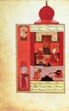 From a 1543 CE edition of the ‘Khamsa’ published in Shiraz, this illustration shows the Sassanid prince Bahram Gur visiting the red pavilion of the Slavic princesses. The Khamsa, or Hamsa, is a series of five lengthy epic poems written by the Persian poet Nezami-ye Ganjavi in the 12th century. The first of these five poems, all of which were composed in the ‘Masnavi’ form, is the didactic work Makhzan ol-asrar (The Treasury of Mysteries); the next three are traditional love stories; and the fifth, the ‘Eskandar-nameh’, records the adventures of Alexander the Great.